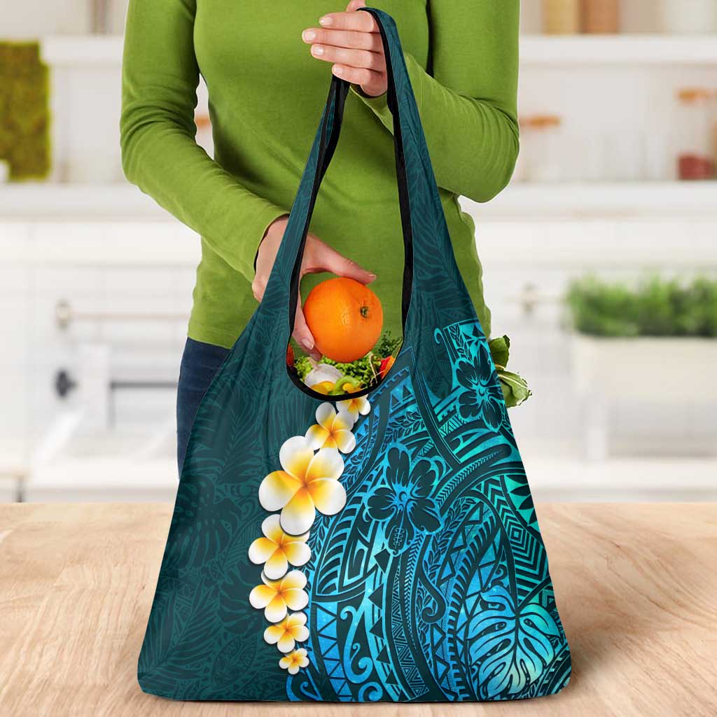 Turquosie Polynesia Grocery Bag Plumeria Tropical Leaves With Galaxy Polynesian Art LT14 - Polynesian Pride