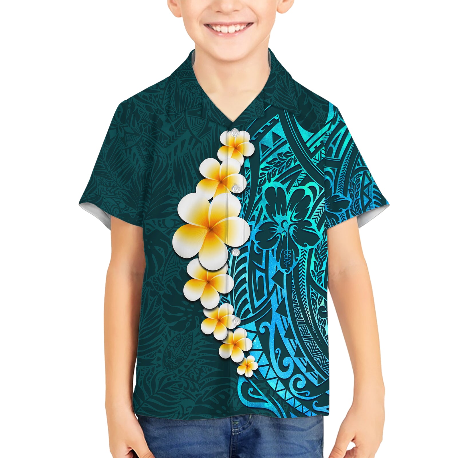 Turquosie Polynesia Kid Hawaiian Shirt Plumeria Tropical Leaves With Galaxy Polynesian Art LT14 Kid Turquoise - Polynesian Pride