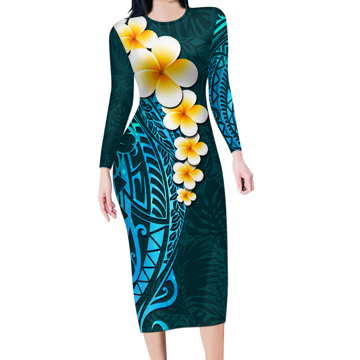 Turquosie Polynesia Long Sleeve Bodycon Dress Plumeria Tropical Leaves With Galaxy Polynesian Art LT14 Long Dress Turquoise - Polynesian Pride