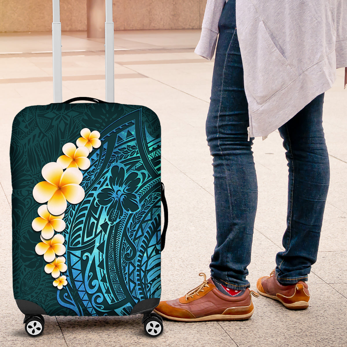 Turquosie Polynesia Luggage Cover Plumeria Tropical Leaves With Galaxy Polynesian Art LT14 Turquoise - Polynesian Pride