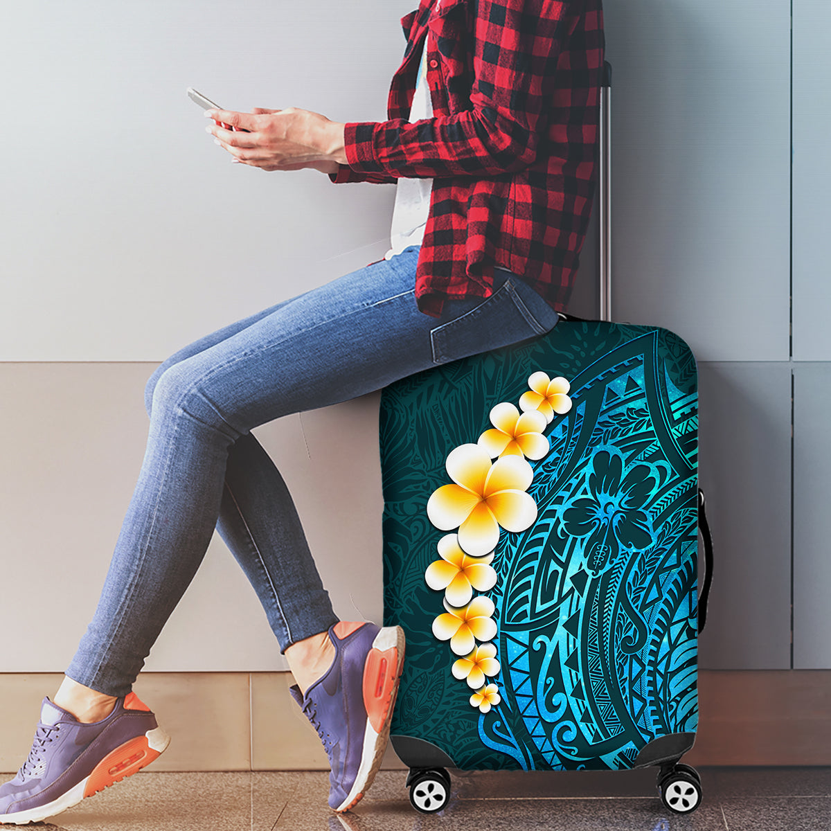 Turquosie Polynesia Luggage Cover Plumeria Tropical Leaves With Galaxy Polynesian Art LT14 - Polynesian Pride