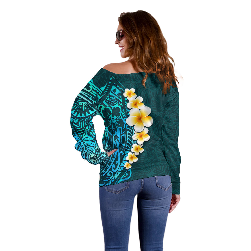 Turquosie Polynesia Off Shoulder Sweater Plumeria Tropical Leaves With Galaxy Polynesian Art LT14 - Polynesian Pride
