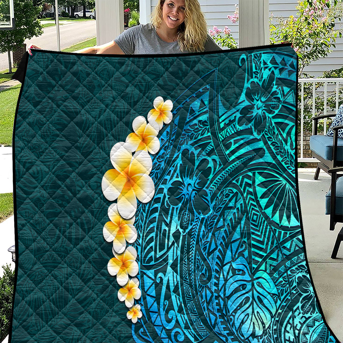 Turquosie Polynesia Quilt Plumeria Tropical Leaves With Galaxy Polynesian Art LT14 Turquoise - Polynesian Pride