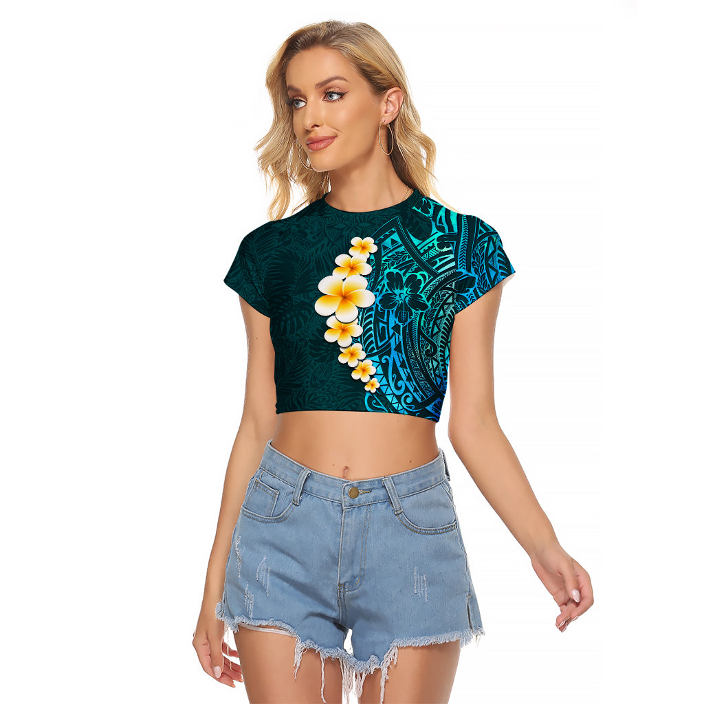 Turquosie Polynesia Raglan Cropped T Shirt Plumeria Tropical Leaves With Galaxy Polynesian Art LT14 Female Turquoise - Polynesian Pride