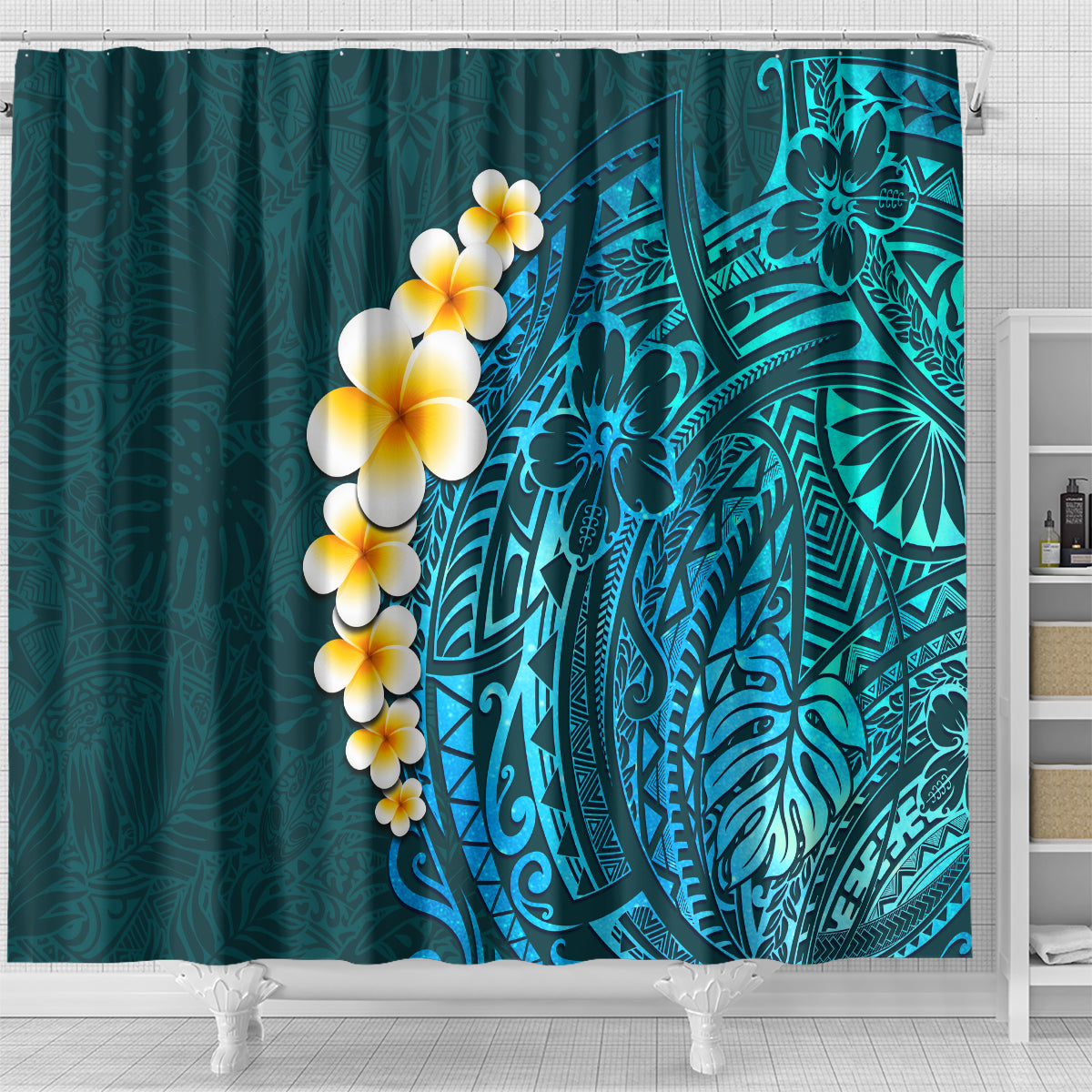 Turquosie Polynesia Shower Curtain Plumeria Tropical Leaves With Galaxy Polynesian Art LT14 - Polynesian Pride