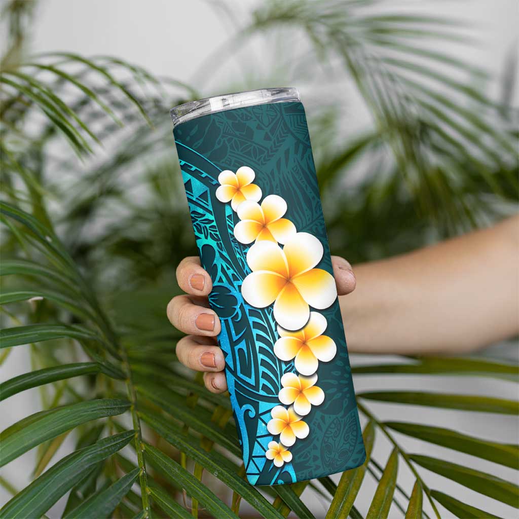 Turquosie Polynesia Skinny Tumbler Plumeria Tropical Leaves With Galaxy Polynesian Art