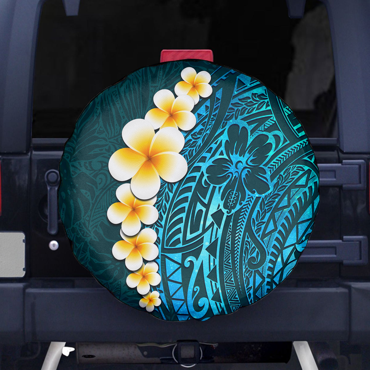 Turquosie Polynesia Spare Tire Cover Plumeria Tropical Leaves With Galaxy Polynesian Art LT14 Turquoise - Polynesian Pride