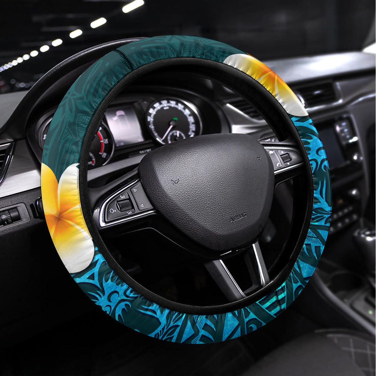 Turquosie Polynesia Steering Wheel Cover Plumeria Tropical Leaves With Galaxy Polynesian Art