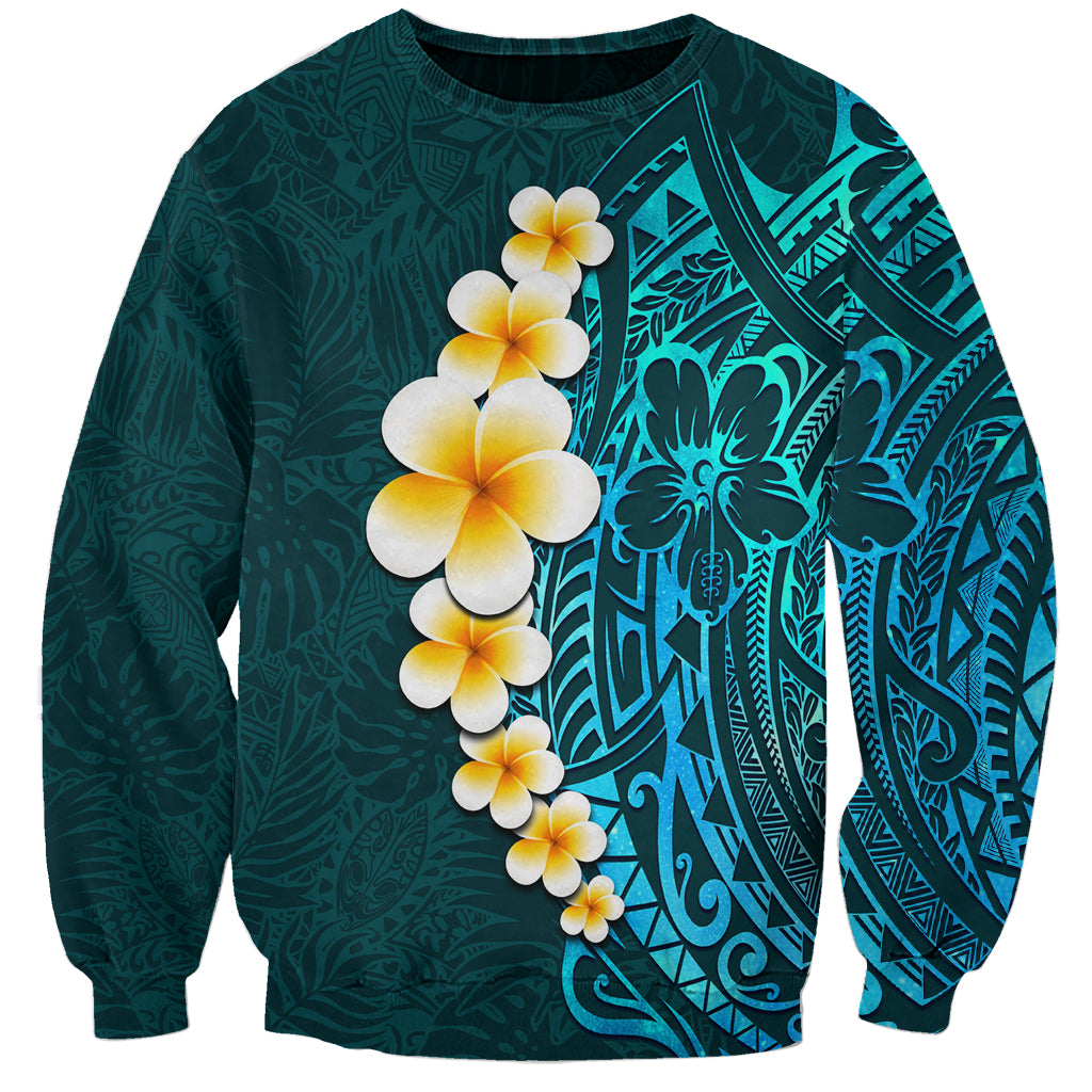 Turquosie Polynesia Sweatshirt Plumeria Tropical Leaves With Galaxy Polynesian Art LT14 Unisex Turquoise - Polynesian Pride