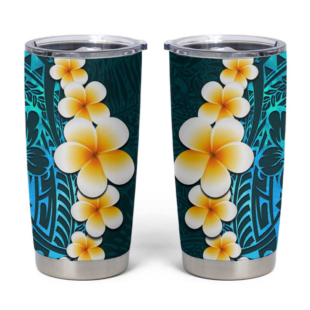 Turquosie Polynesia Tumbler Cup Plumeria Tropical Leaves With Galaxy Polynesian Art LT14 Turquoise - Polynesian Pride