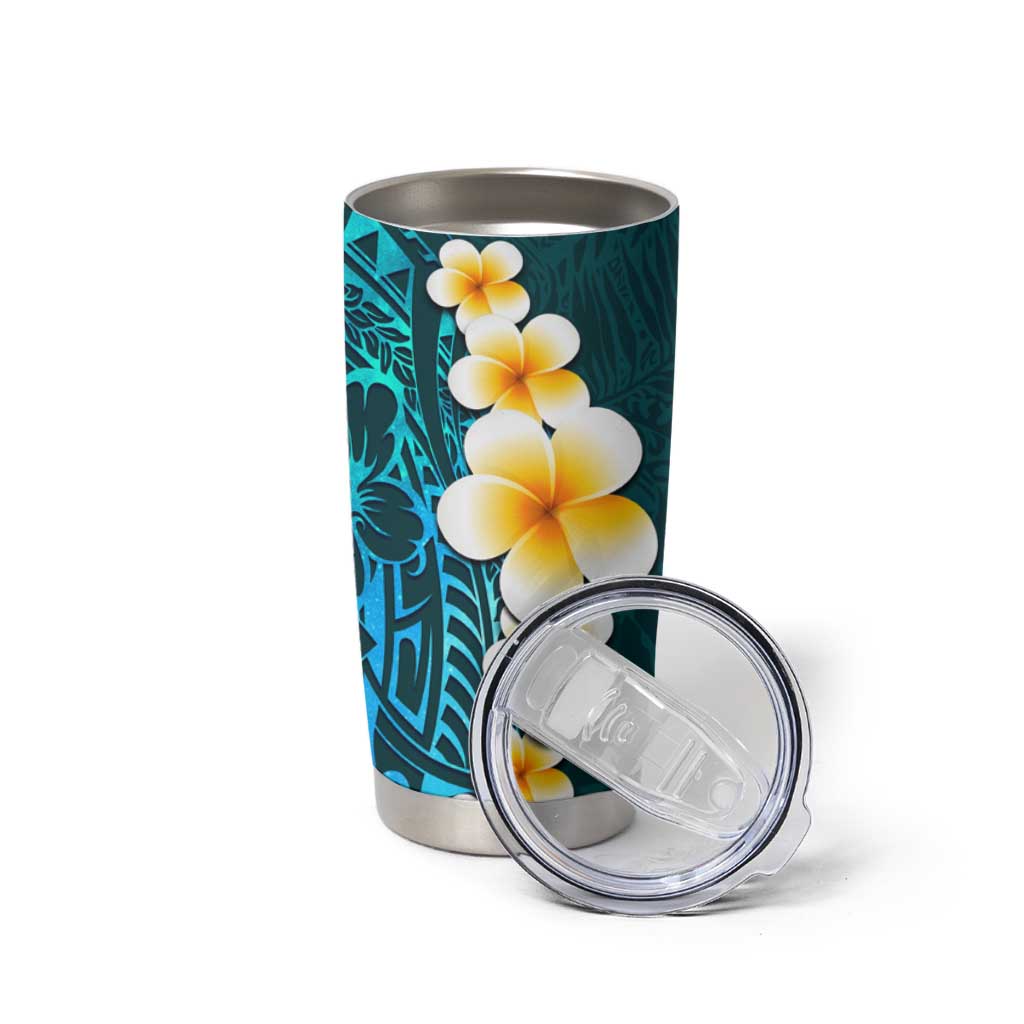 Turquosie Polynesia Tumbler Cup Plumeria Tropical Leaves With Galaxy Polynesian Art LT14 - Polynesian Pride