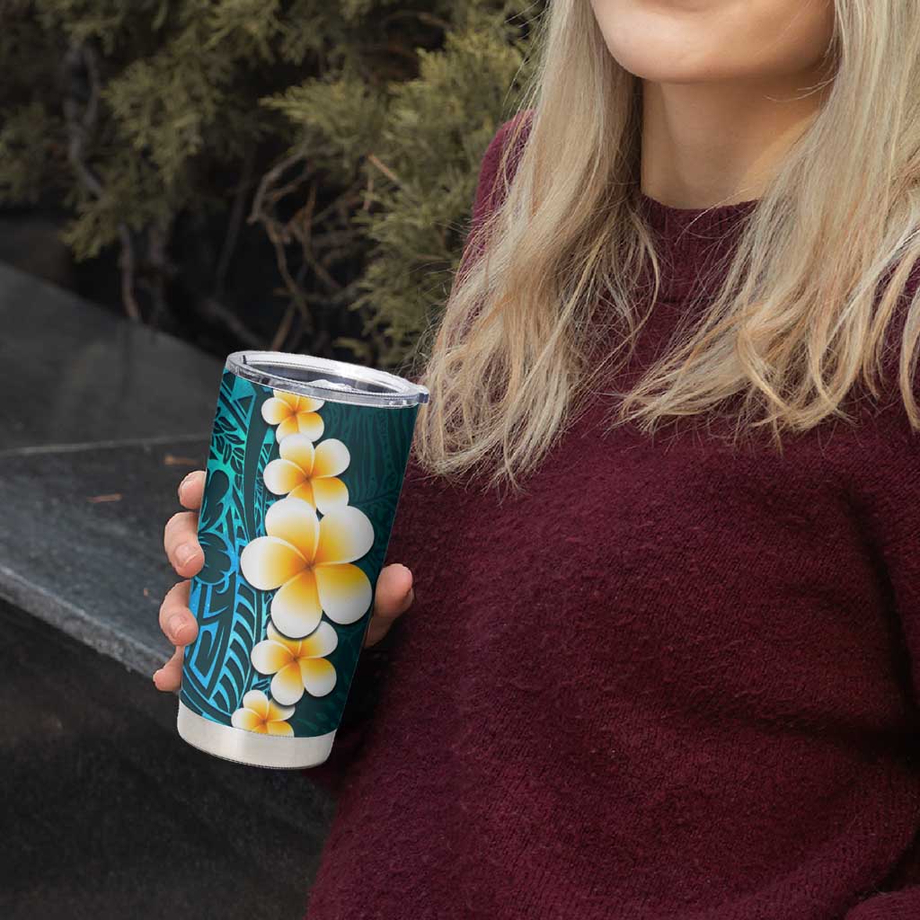 Turquosie Polynesia Tumbler Cup Plumeria Tropical Leaves With Galaxy Polynesian Art LT14 - Polynesian Pride