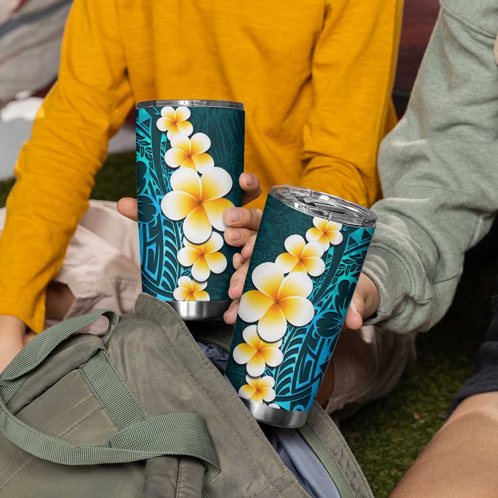 Turquosie Polynesia Tumbler Cup Plumeria Tropical Leaves With Galaxy Polynesian Art LT14 - Polynesian Pride