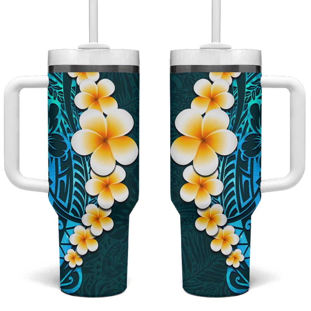 Turquosie Polynesia Tumbler With Handle Plumeria Tropical Leaves With Galaxy Polynesian Art