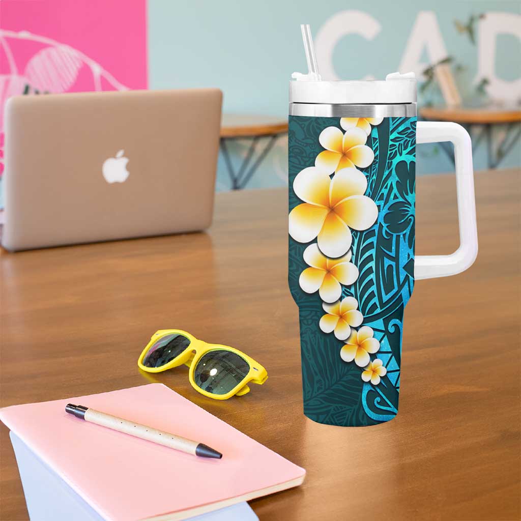 Turquosie Polynesia Tumbler With Handle Plumeria Tropical Leaves With Galaxy Polynesian Art LT14 - Polynesian Pride