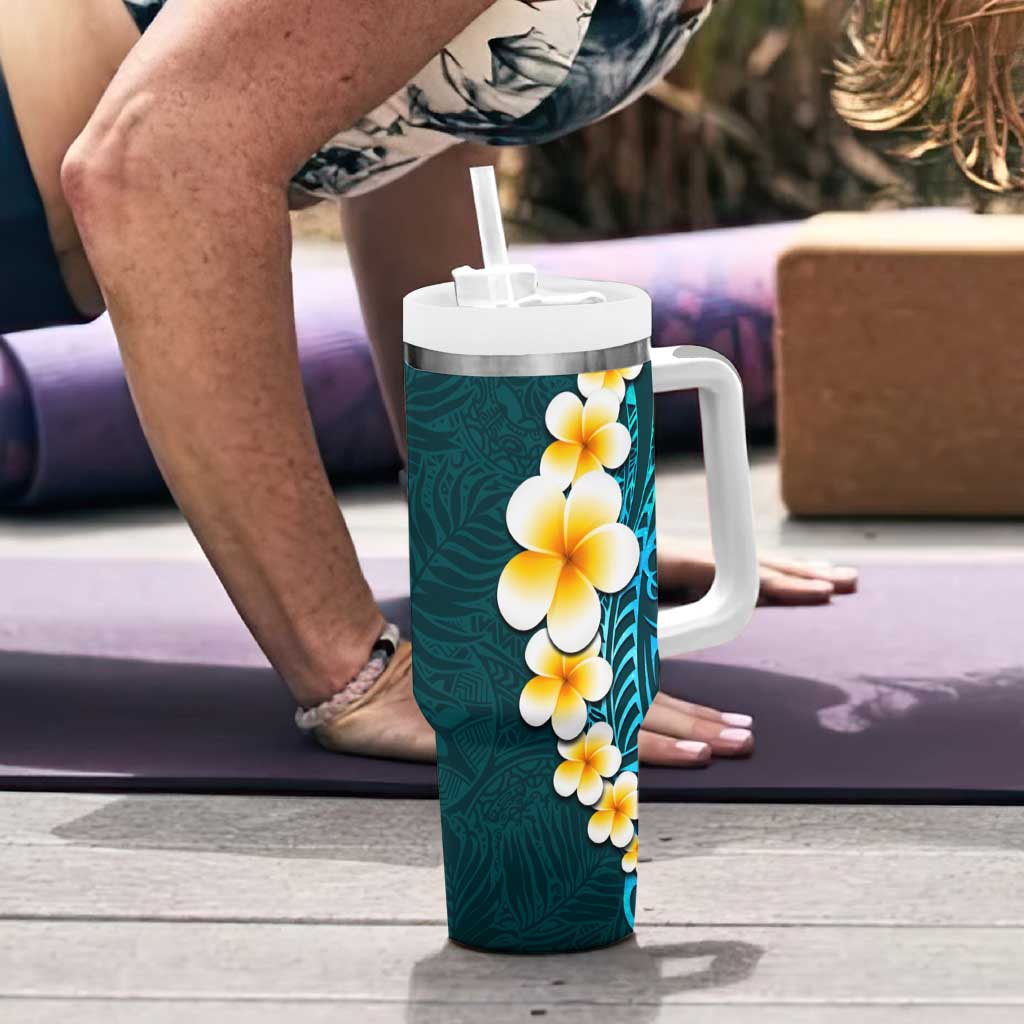 Turquosie Polynesia Tumbler With Handle Plumeria Tropical Leaves With Galaxy Polynesian Art LT14 - Polynesian Pride