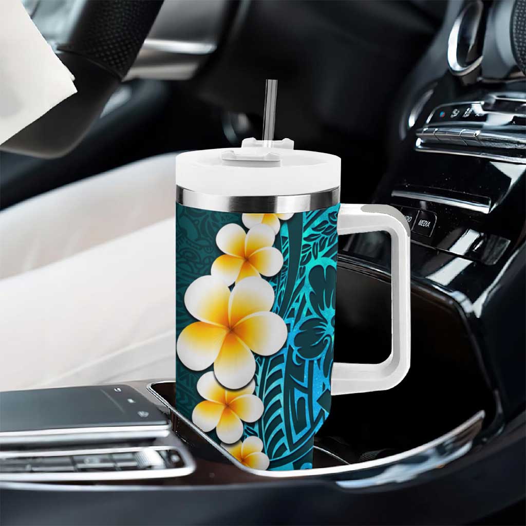 Turquosie Polynesia Tumbler With Handle Plumeria Tropical Leaves With Galaxy Polynesian Art LT14 - Polynesian Pride