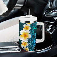 Turquosie Polynesia Tumbler With Handle Plumeria Tropical Leaves With Galaxy Polynesian Art LT14 - Polynesian Pride