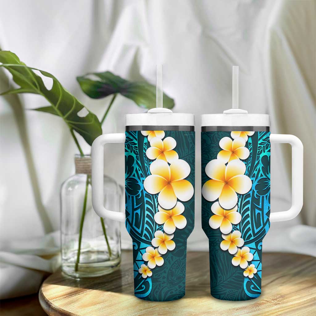 Turquosie Polynesia Tumbler With Handle Plumeria Tropical Leaves With Galaxy Polynesian Art LT14 - Polynesian Pride