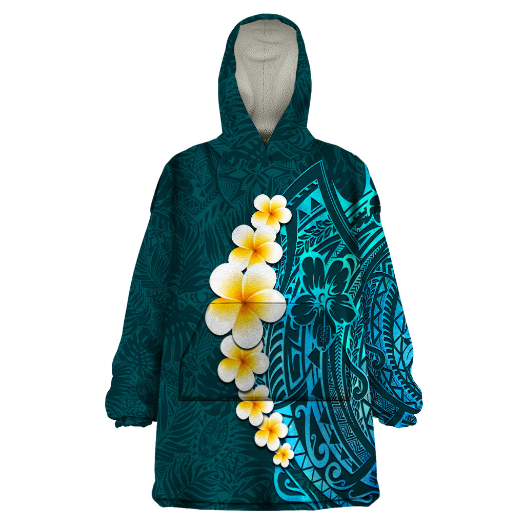 Turquosie Polynesia Wearable Blanket Hoodie Plumeria Tropical Leaves With Galaxy Polynesian Art LT14 One Size Turquoise - Polynesian Pride