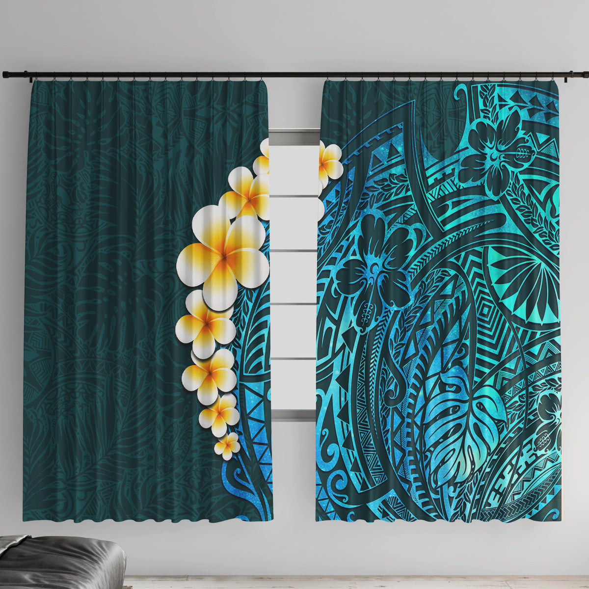 Turquosie Polynesia Window Curtain Plumeria Tropical Leaves With Galaxy Polynesian Art LT14 With Hooks Turquoise - Polynesian Pride