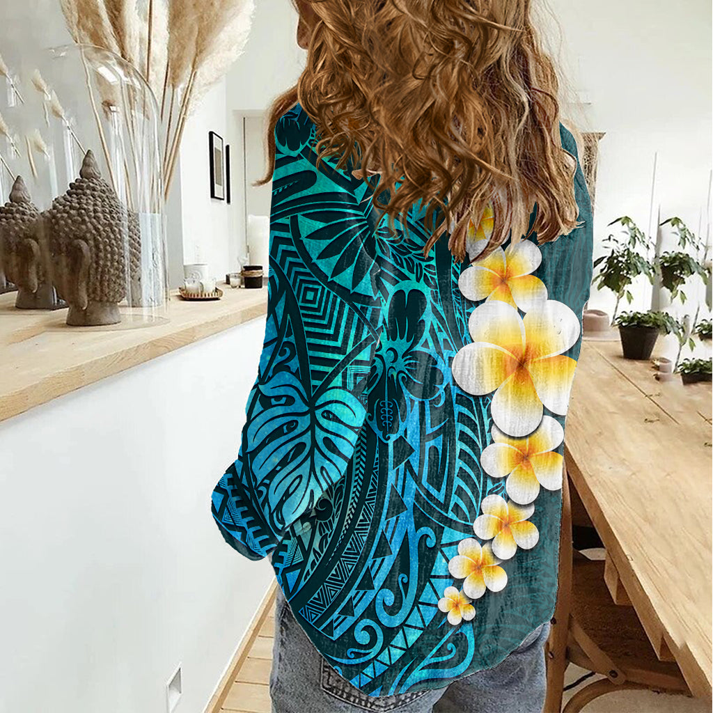 Turquosie Polynesia Women Casual Shirt Plumeria Tropical Leaves With Galaxy Polynesian Art LT14 - Polynesian Pride