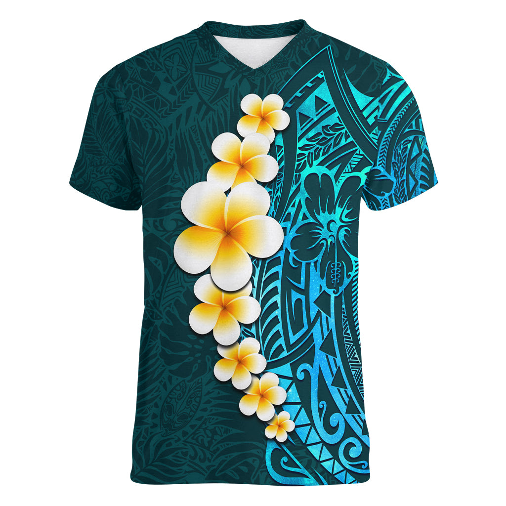 Turquosie Polynesia Women V Neck T Shirt Plumeria Tropical Leaves With Galaxy Polynesian Art LT14 Female Turquoise - Polynesian Pride
