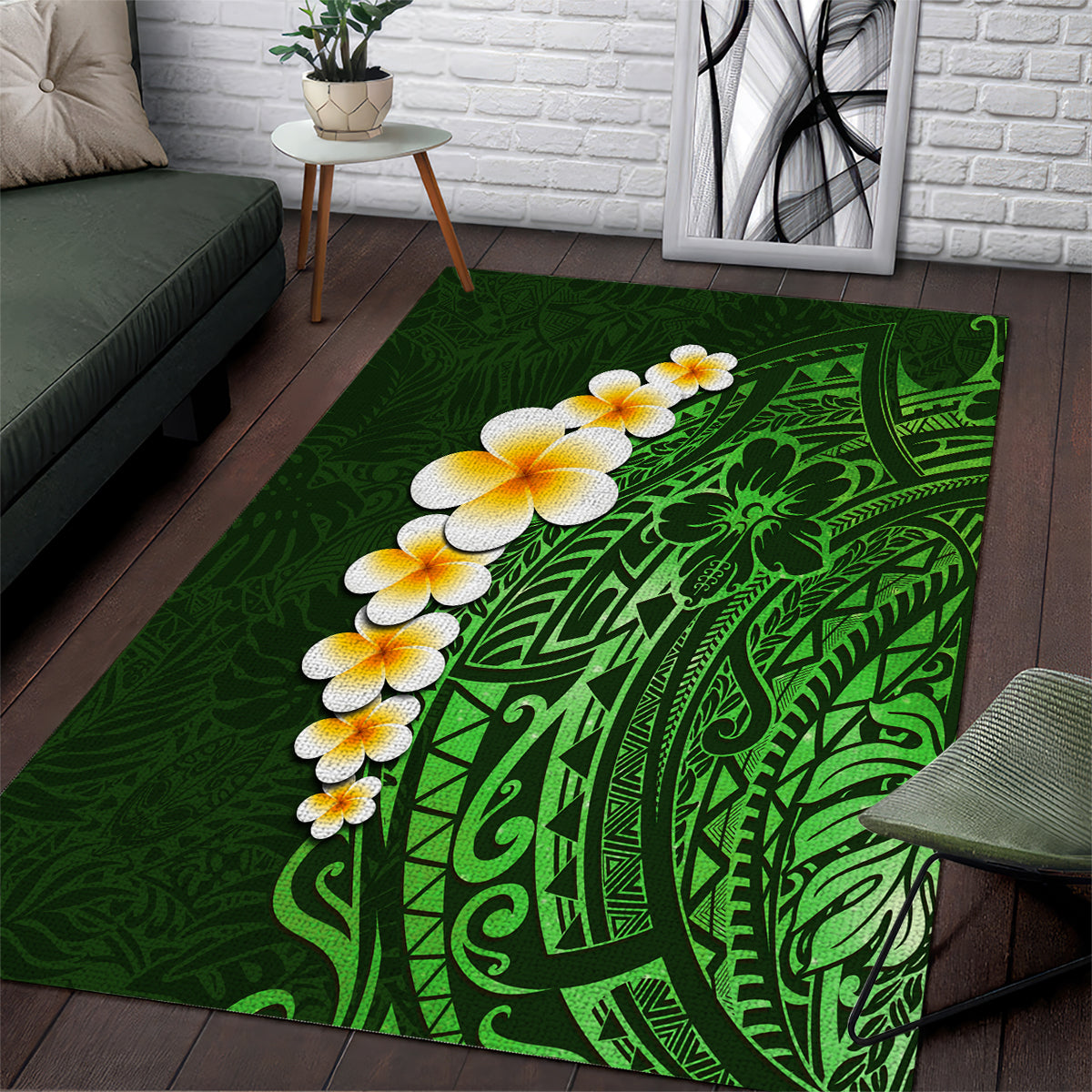 Green Polynesia Area Rug Plumeria Tropical Leaves With Galaxy Polynesian Art LT14 Green - Polynesian Pride