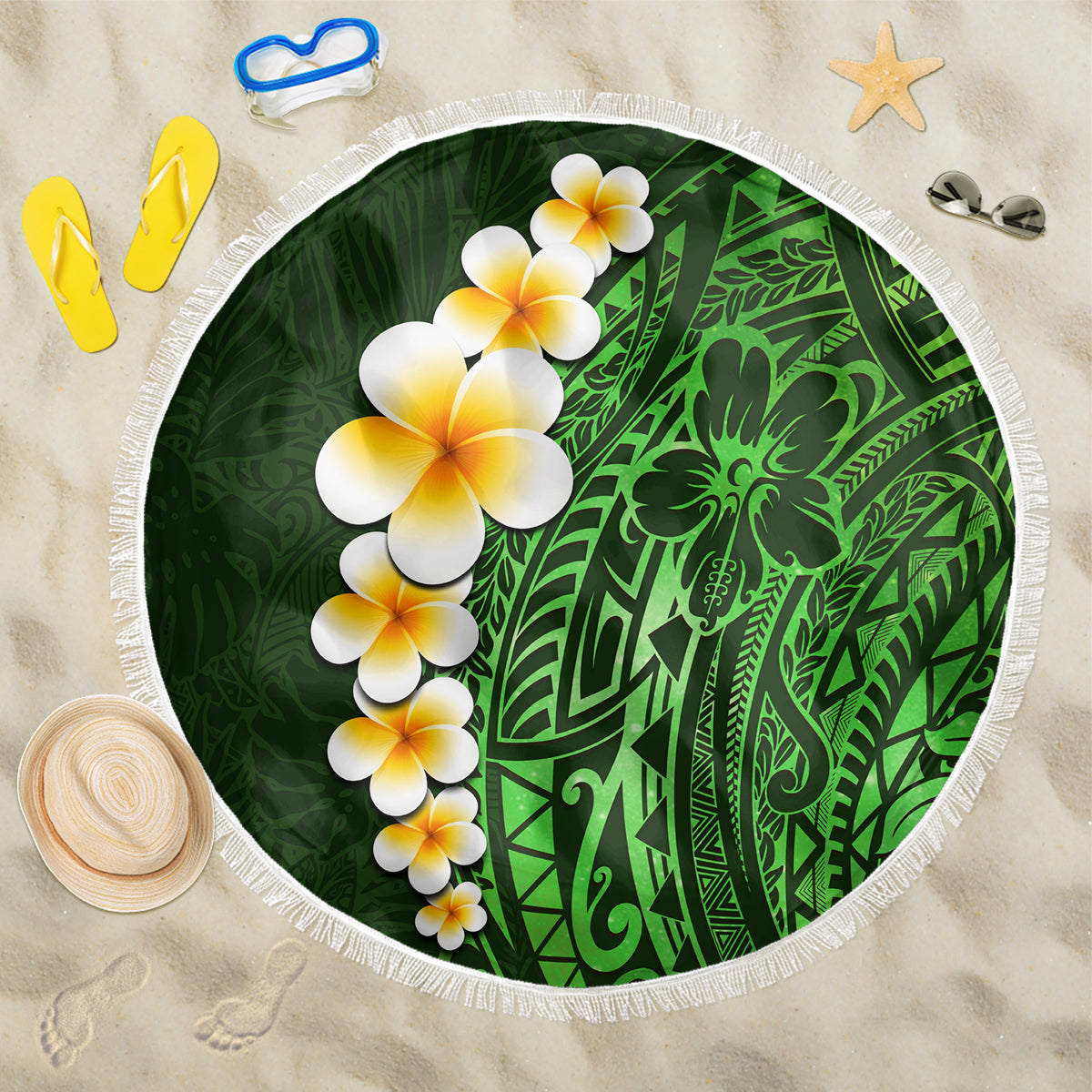 Green Polynesia Beach Blanket Plumeria Tropical Leaves With Galaxy Polynesian Art LT14 One Size 150cm Green - Polynesian Pride