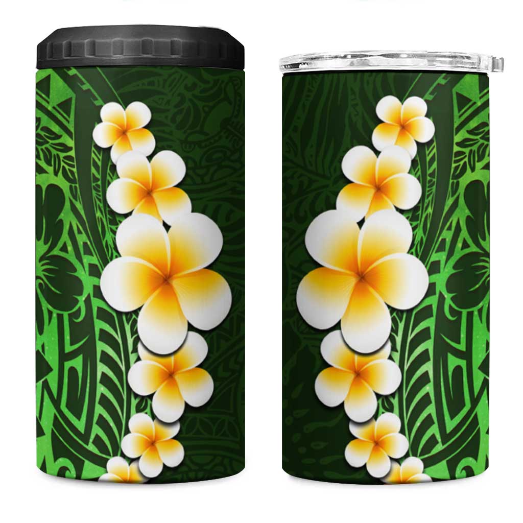 Green Polynesia 4 in 1 Can Cooler Tumbler Plumeria Tropical Leaves With Galaxy Polynesian Art