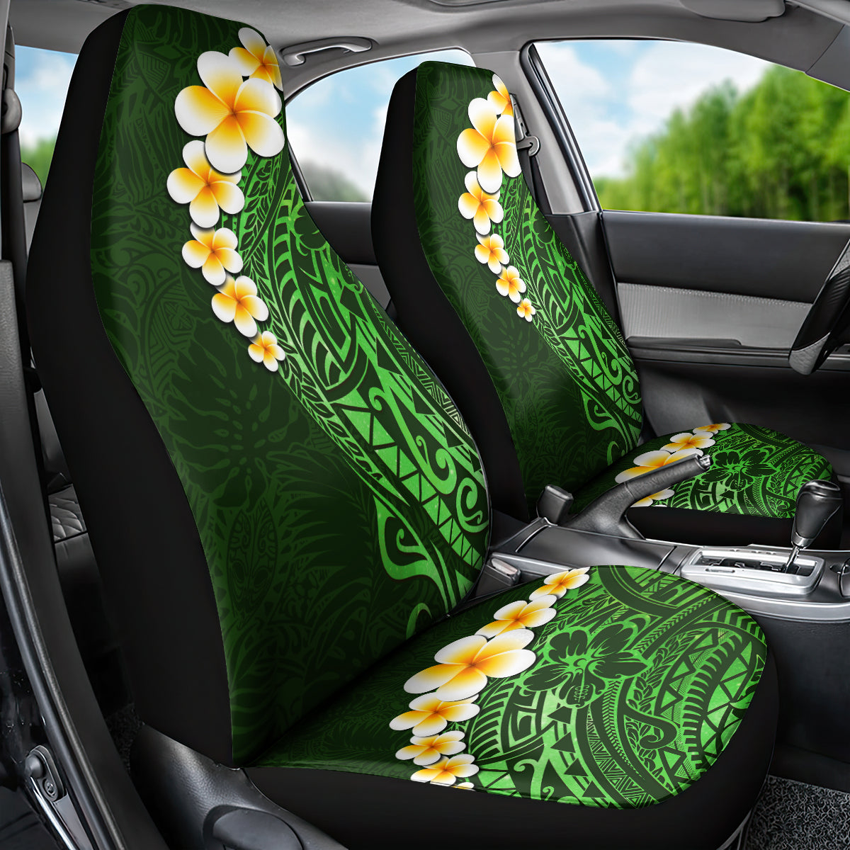 Green Polynesia Car Seat Cover Plumeria Tropical Leaves With Galaxy Polynesian Art LT14 - Polynesian Pride