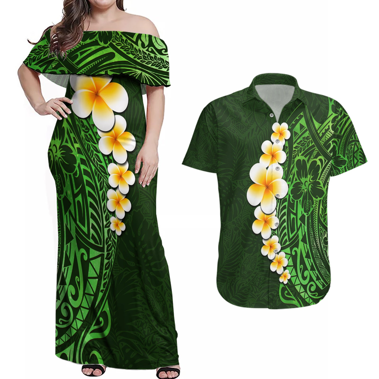 Green Polynesia Couples Matching Off Shoulder Maxi Dress and Hawaiian Shirt Plumeria Tropical Leaves With Galaxy Polynesian Art LT14 Green - Polynesian Pride