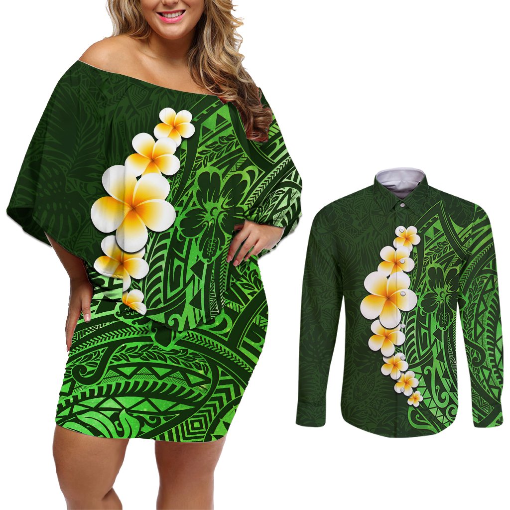 Green Polynesia Couples Matching Off Shoulder Short Dress and Long Sleeve Button Shirt Plumeria Tropical Leaves With Galaxy Polynesian Art LT14 Green - Polynesian Pride