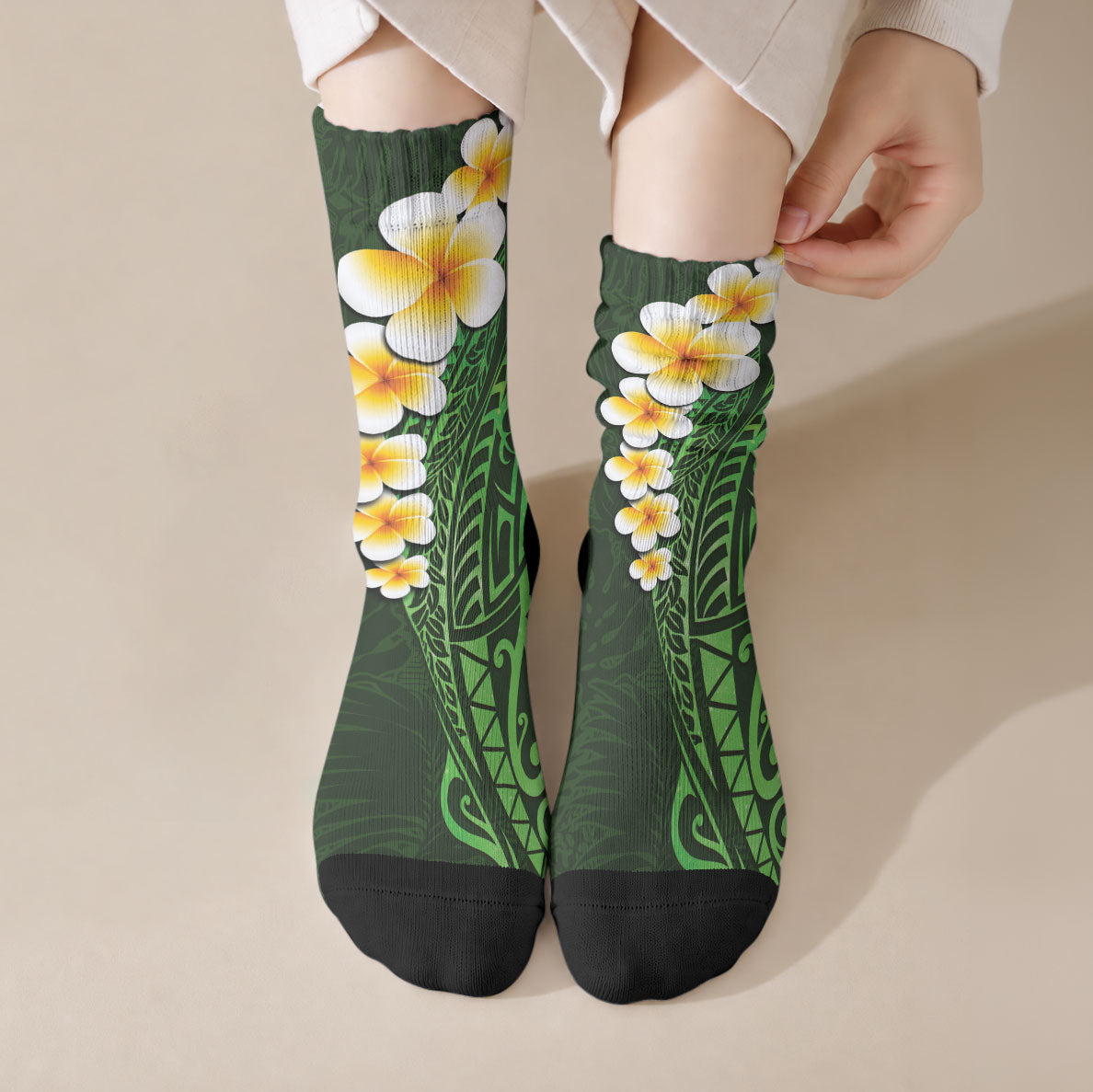 Green Tropical Plumeria With Galaxy Polynesian Art Crew Socks
