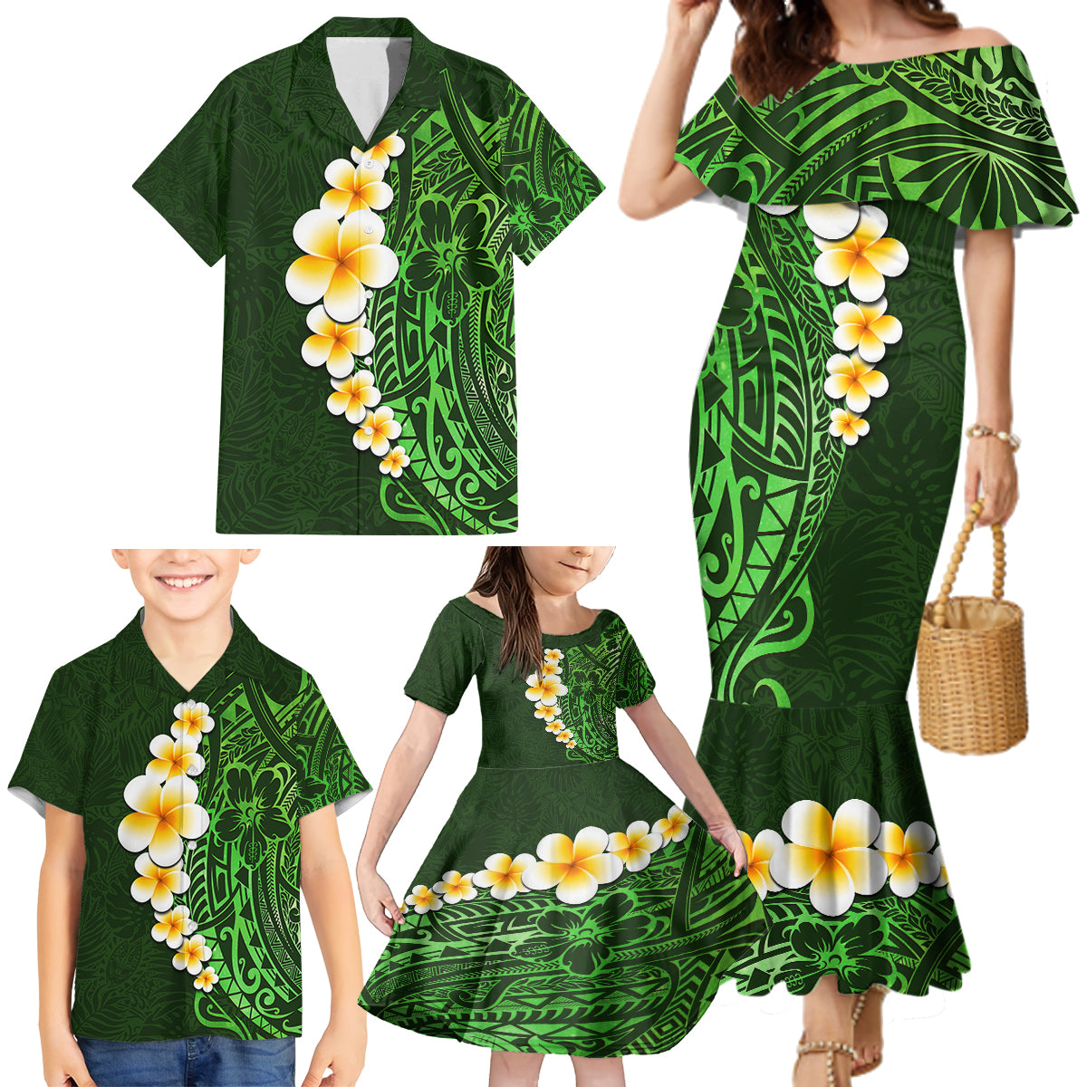 Green Polynesia Family Matching Mermaid Dress and Hawaiian Shirt Plumeria Tropical Leaves With Galaxy Polynesian Art LT14 - Polynesian Pride