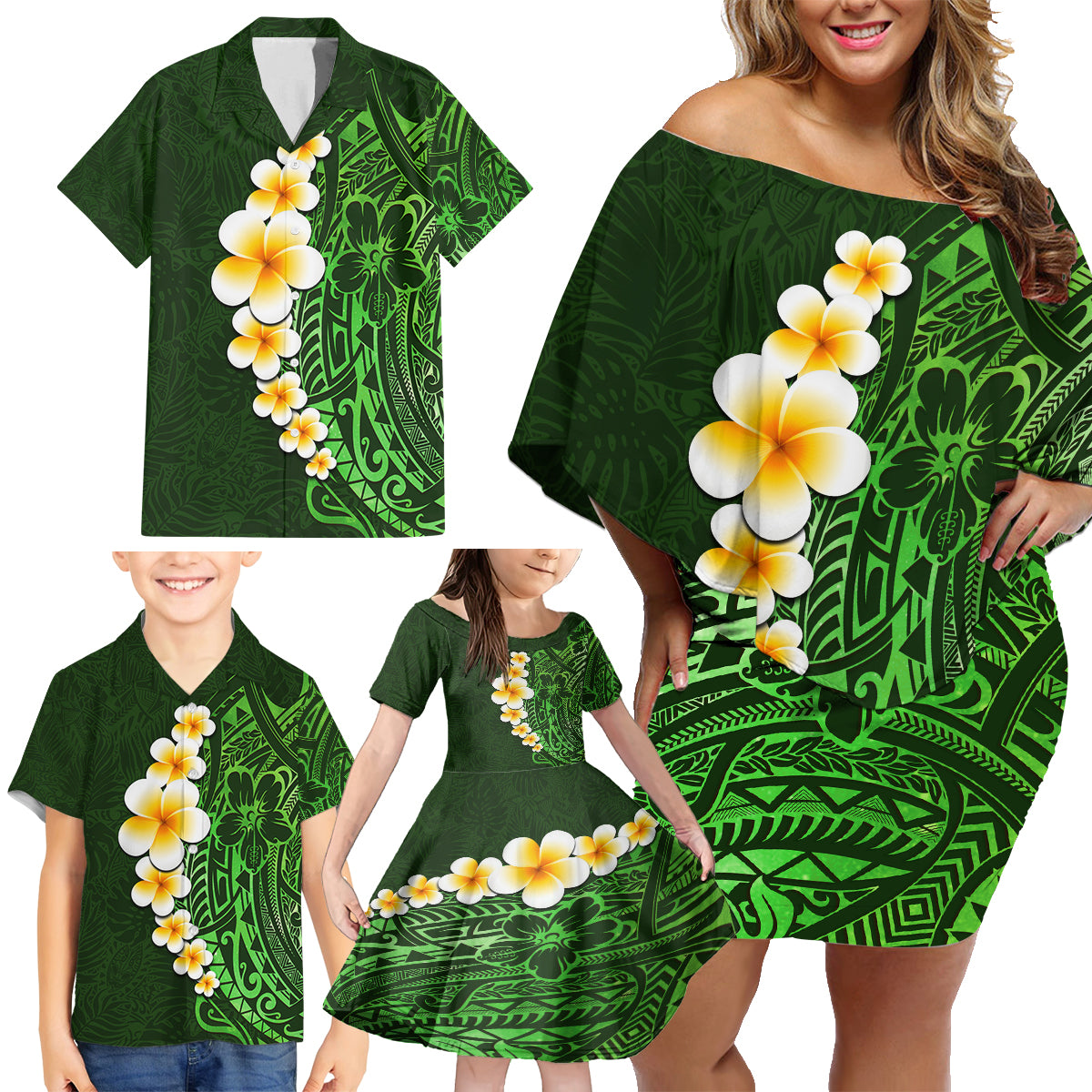 Green Polynesia Family Matching Off Shoulder Short Dress and Hawaiian Shirt Plumeria Tropical Leaves With Galaxy Polynesian Art LT14 - Polynesian Pride