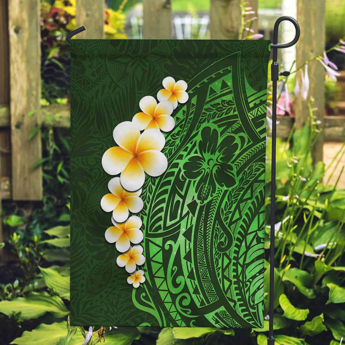 Green Polynesia Garden Flag Plumeria Tropical Leaves With Galaxy Polynesian Art LT14 Garden Flag Green - Polynesian Pride