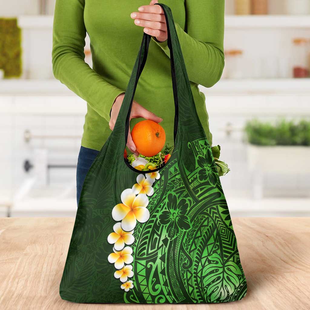 Green Polynesia Grocery Bag Plumeria Tropical Leaves With Galaxy Polynesian Art