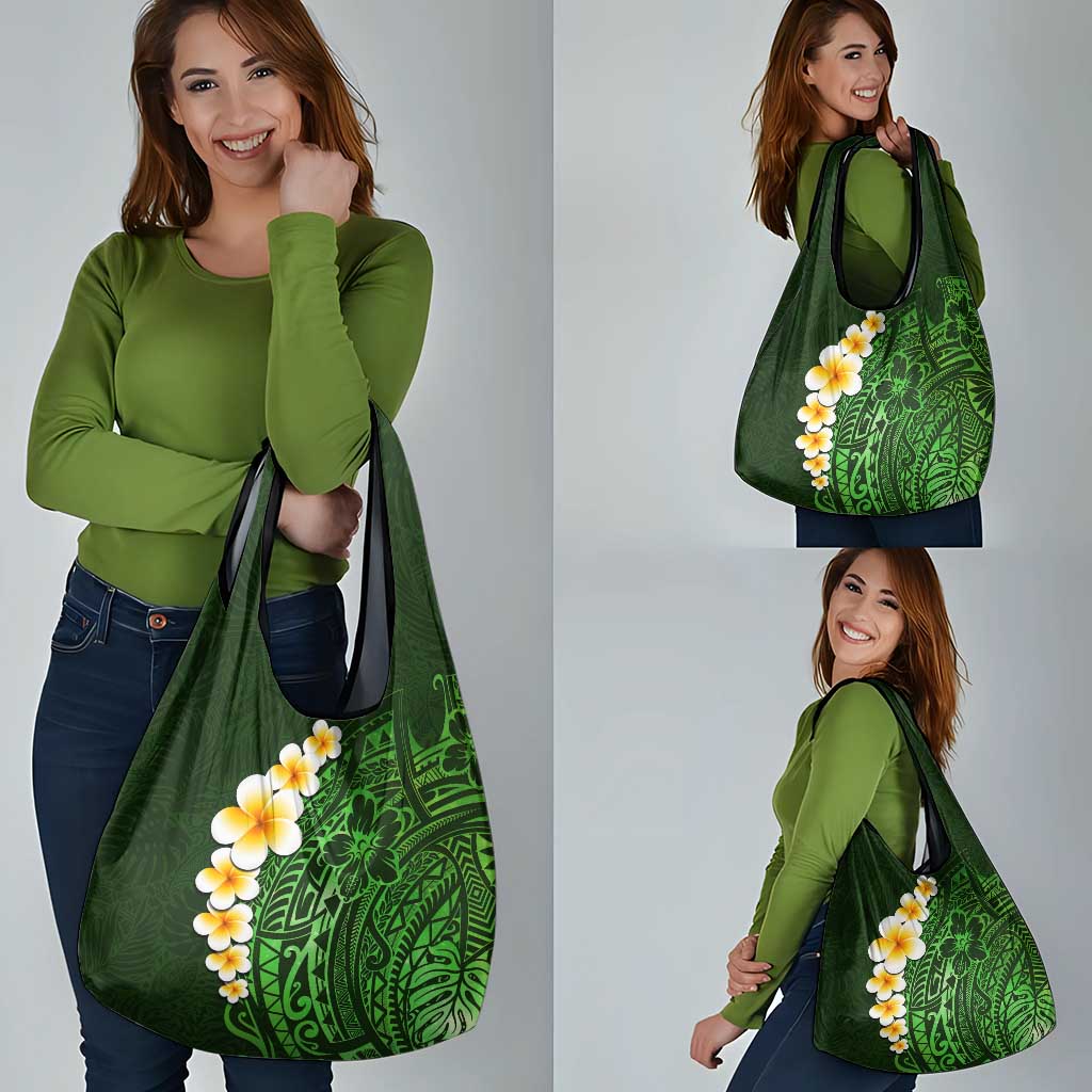 Green Polynesia Grocery Bag Plumeria Tropical Leaves With Galaxy Polynesian Art