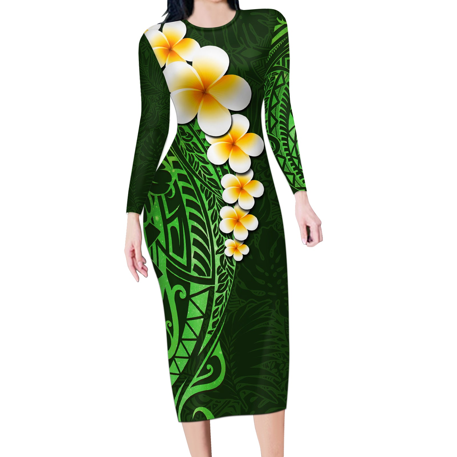 Green Polynesia Long Sleeve Bodycon Dress Plumeria Tropical Leaves With Galaxy Polynesian Art LT14 Long Dress Green - Polynesian Pride