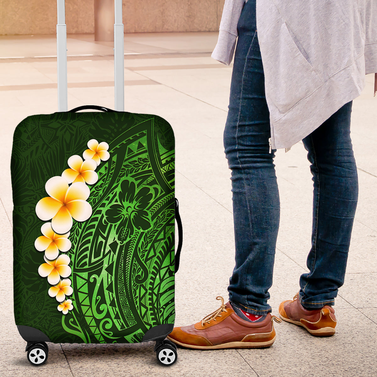 Green Polynesia Luggage Cover Plumeria Tropical Leaves With Galaxy Polynesian Art LT14 Green - Polynesian Pride
