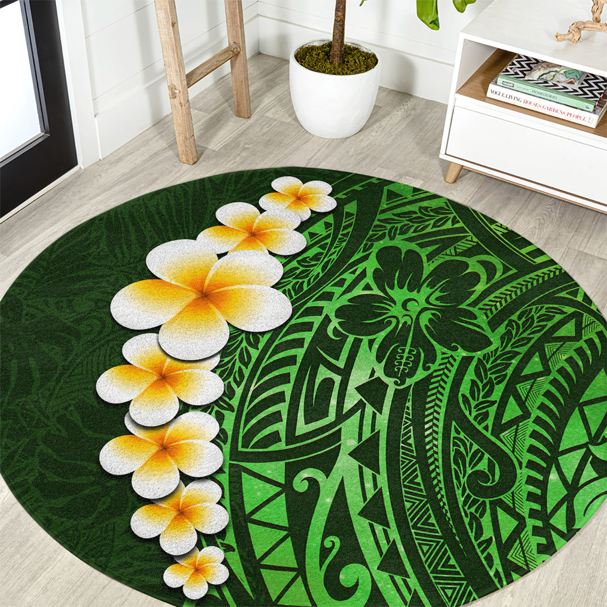 Green Polynesia Round Carpet Plumeria Tropical Leaves With Galaxy Polynesian Art LT14 Green - Polynesian Pride