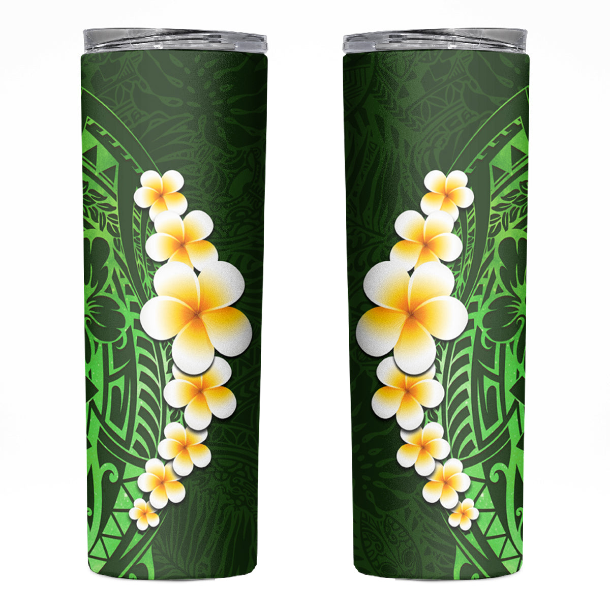 Green Polynesia Skinny Tumbler Plumeria Tropical Leaves With Galaxy Polynesian Art