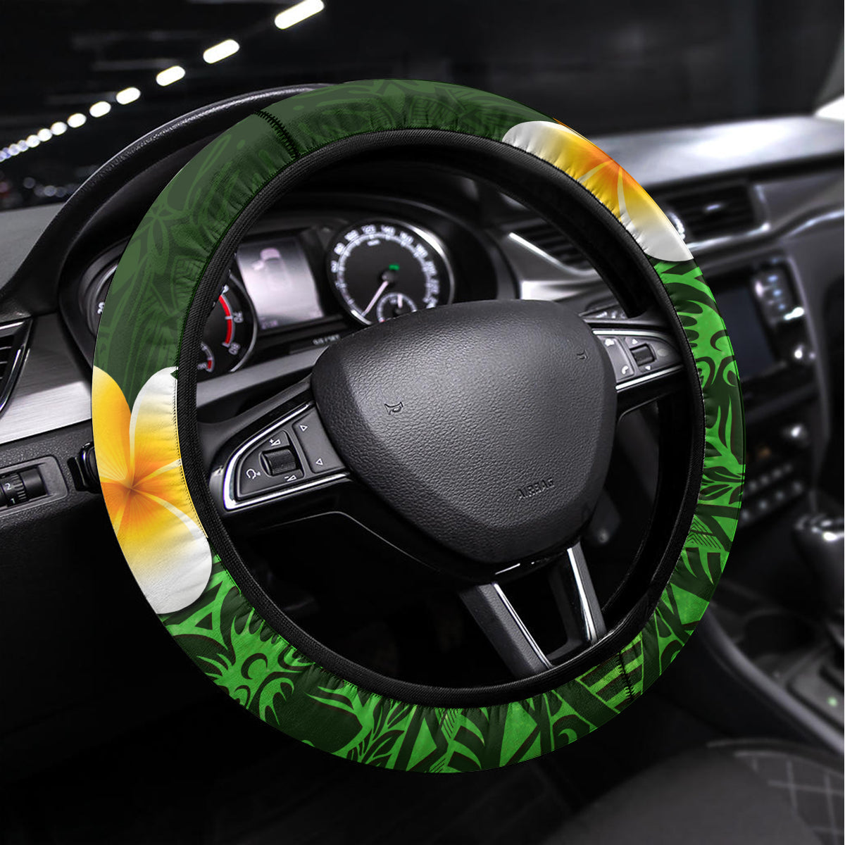 Green Polynesia Steering Wheel Cover Plumeria Tropical Leaves With Galaxy Polynesian Art LT14 Universal Fit Green - Polynesian Pride