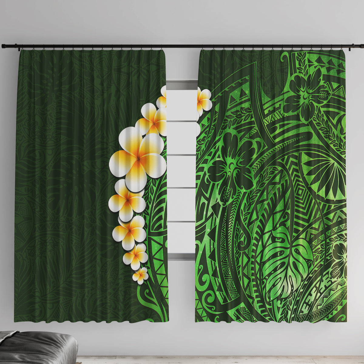 Green Polynesia Window Curtain Plumeria Tropical Leaves With Galaxy Polynesian Art LT14 With Hooks Green - Polynesian Pride