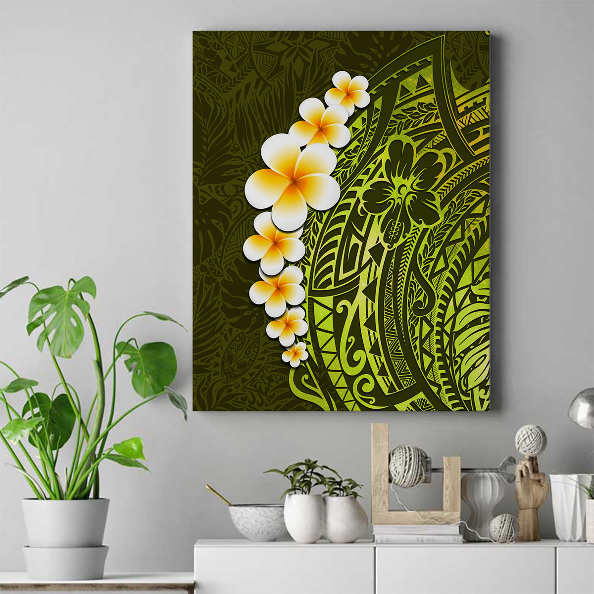 Lime Green Tropical Plumeria With Galaxy Polynesian Art Canvas Wall Art LT14 Lime Green - Polynesian Pride