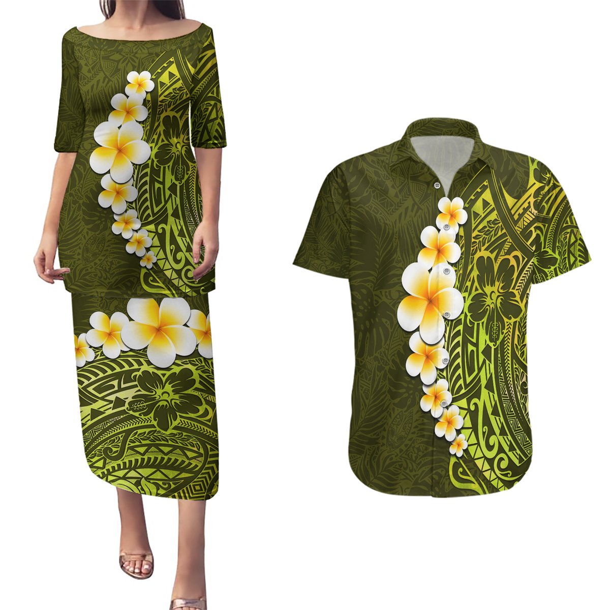 Lime Green Tropical Plumeria With Galaxy Polynesian Art Couples Matching Puletasi Dress and Hawaiian Shirt LT14 Lime Green - Polynesian Pride
