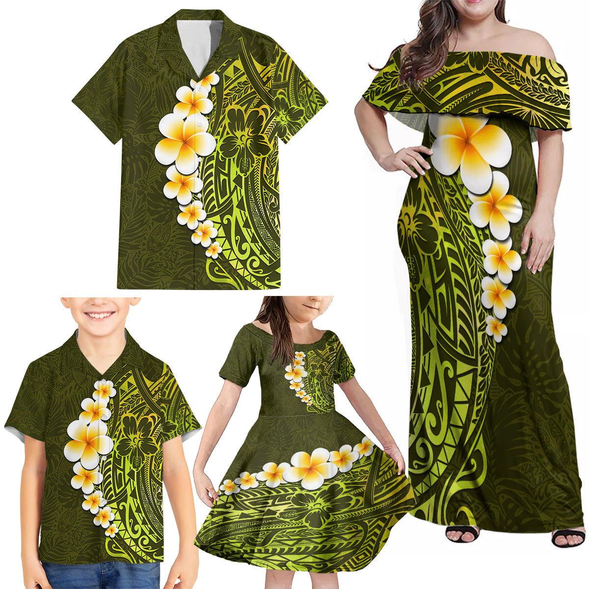 Lime Green Tropical Plumeria With Galaxy Polynesian Art Family Matching Off Shoulder Maxi Dress and Hawaiian Shirt LT14 - Polynesian Pride