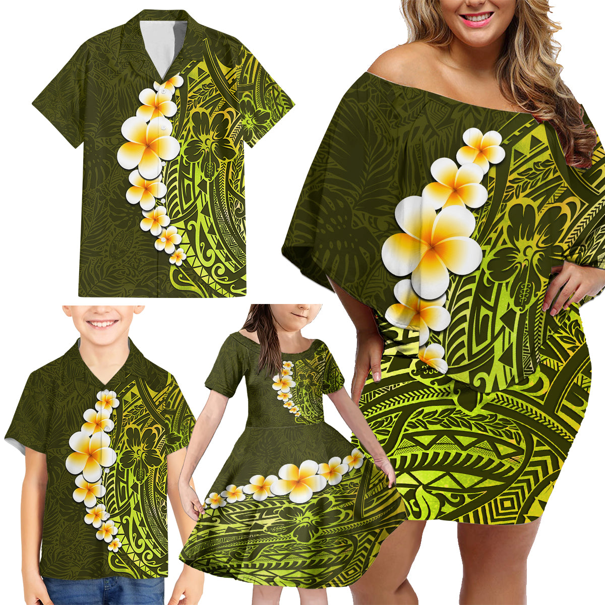 Lime Green Tropical Plumeria With Galaxy Polynesian Art Family Matching Off Shoulder Short Dress and Hawaiian Shirt LT14 - Polynesian Pride