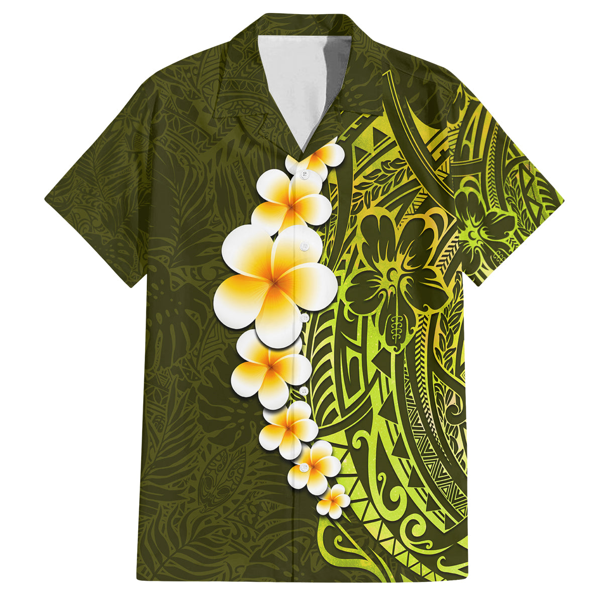 Lime Green Tropical Plumeria With Galaxy Polynesian Art Family Matching Tank Maxi Dress and Hawaiian Shirt LT14 Dad's Shirt - Short Sleeve Lime Green - Polynesian Pride